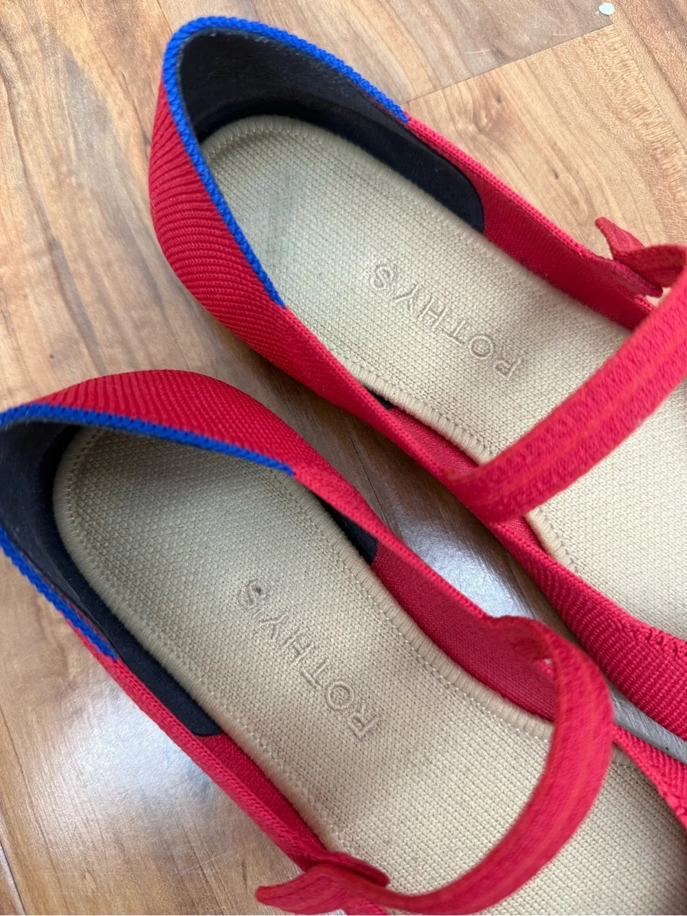 Rothy's The Square Red Mary Jane Flats with Blue Trim - Picture 3 of 9